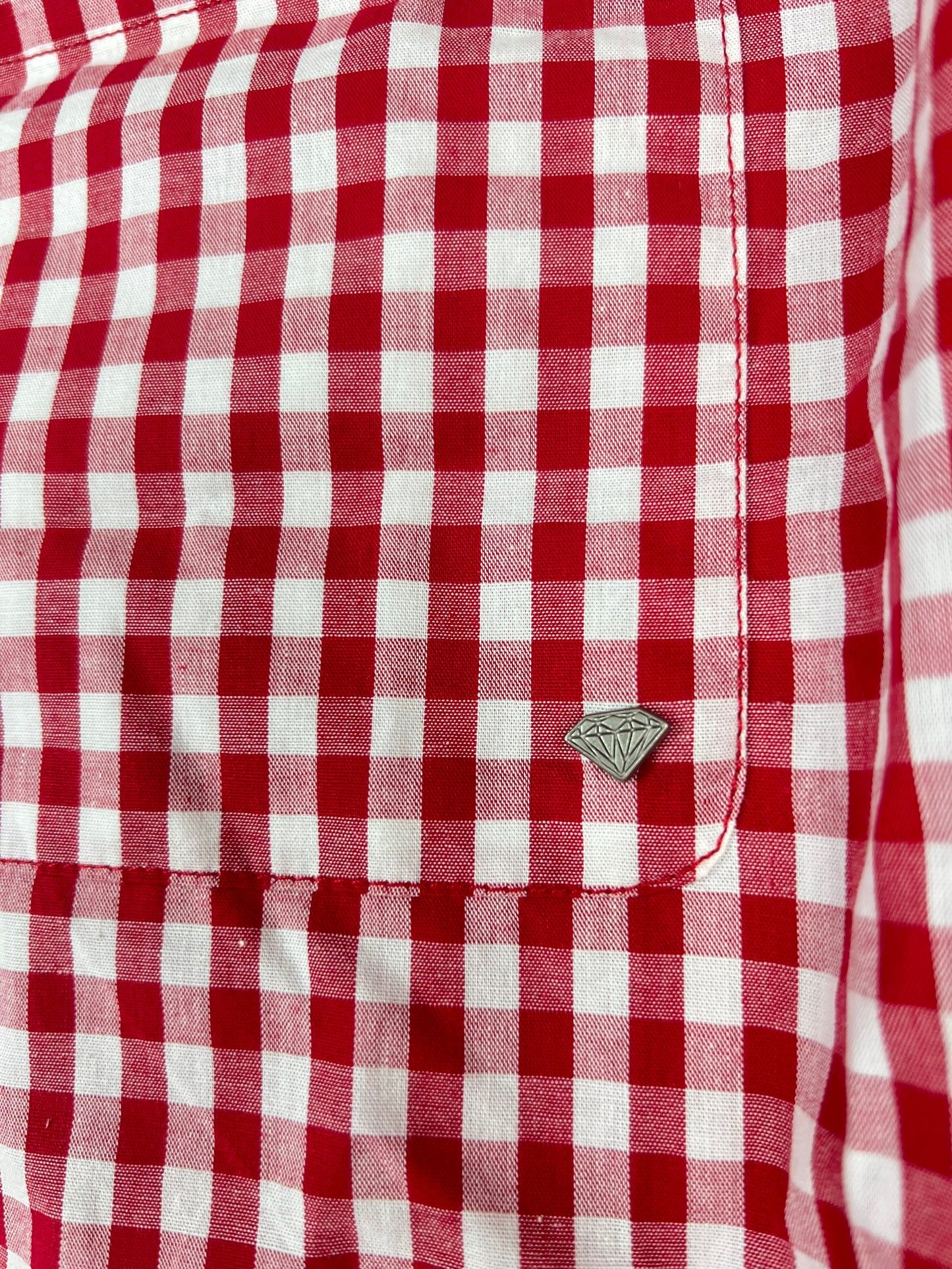 Diamond Checks Red White Metal Diamond Pin On Pocket Size M S/s Vintage Button Up Pocket Shirt