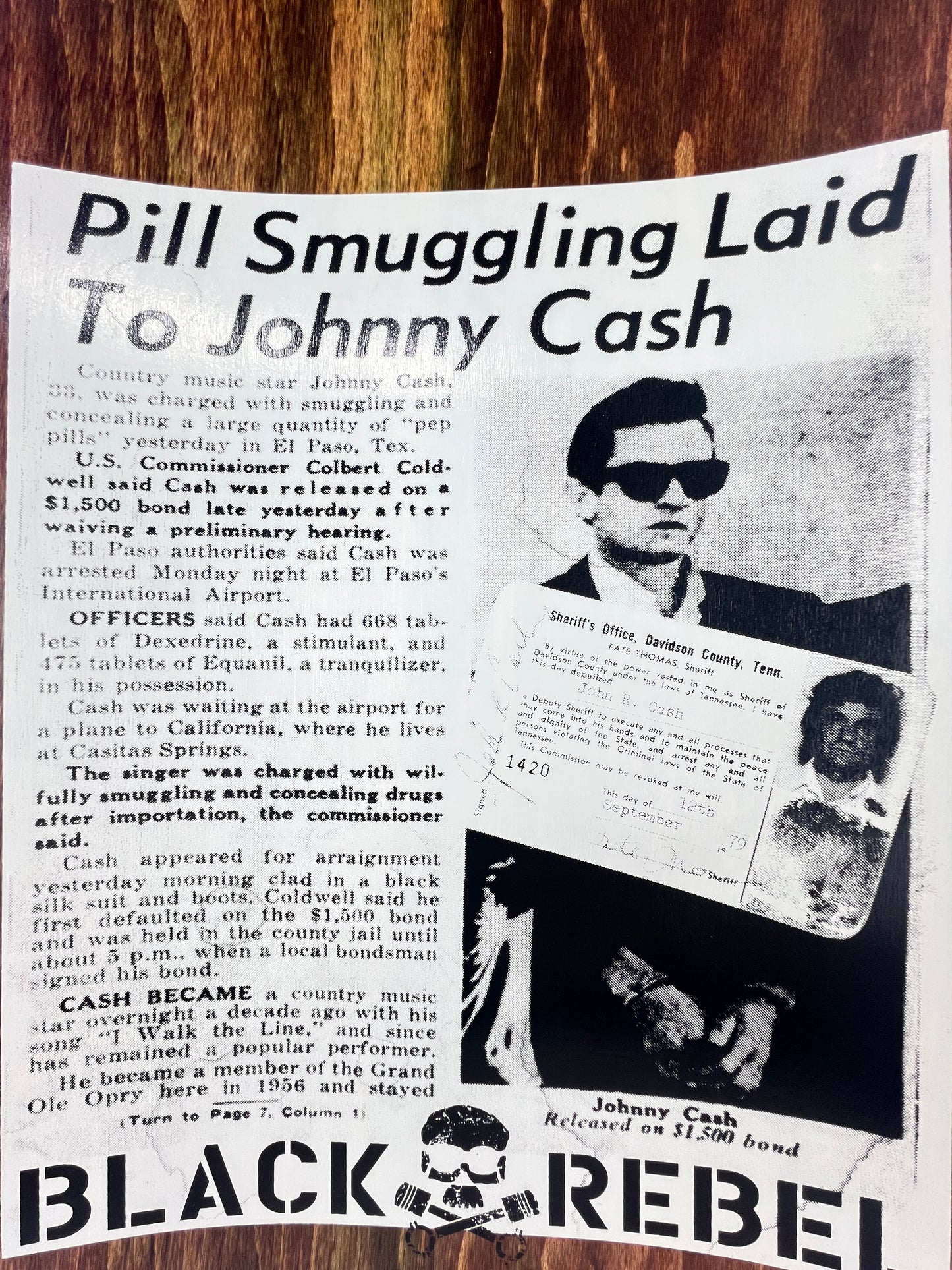 Black Rebel Skateboard Club Mugshot Series Johnny Cash El Paso TX 1965 Black Multi Size 8.25" Vintage NOS Deck