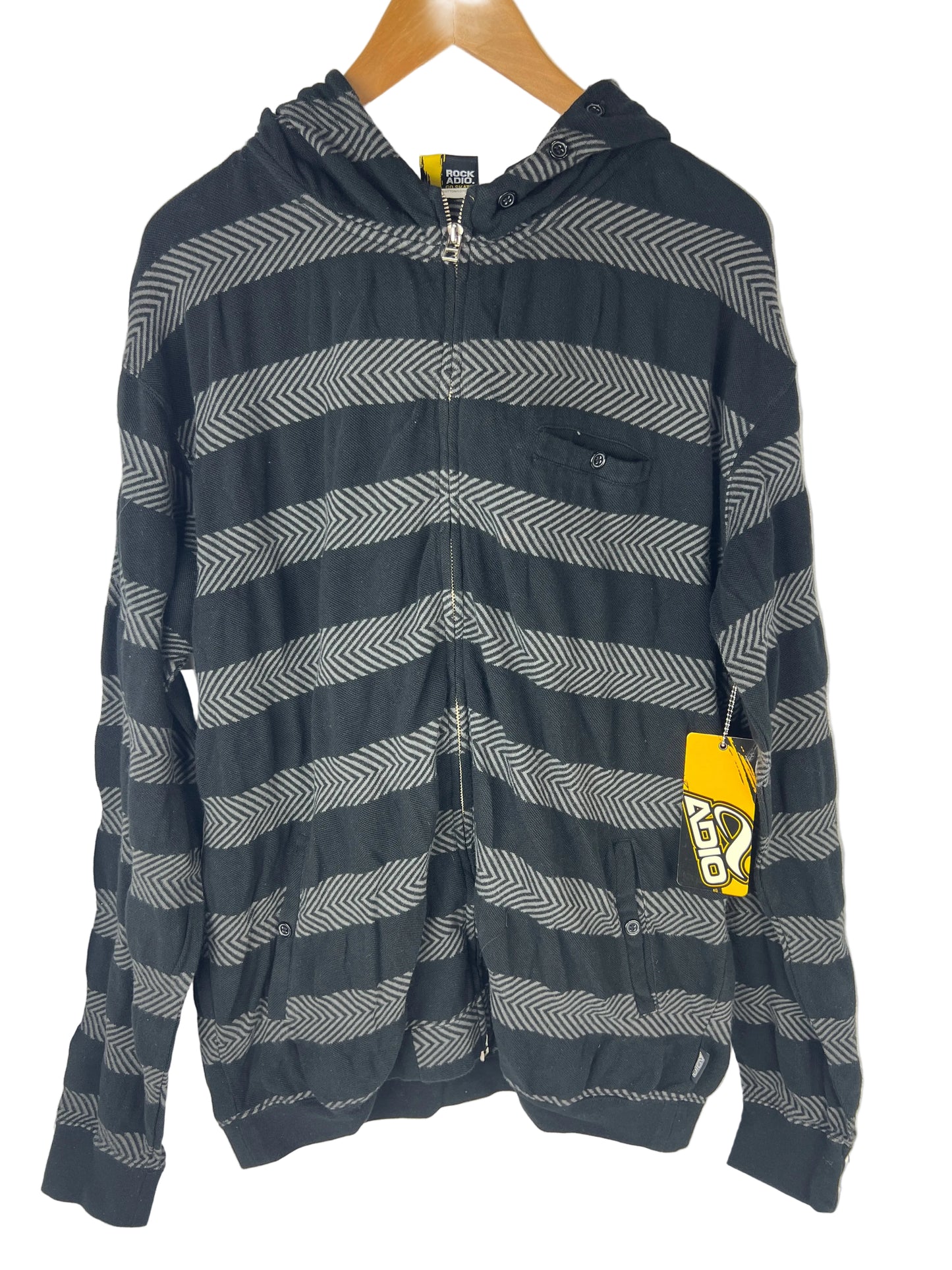 Adio Herringbone Grey Black Size L L/s Vintage Zip Up Hooded Sweatshirt