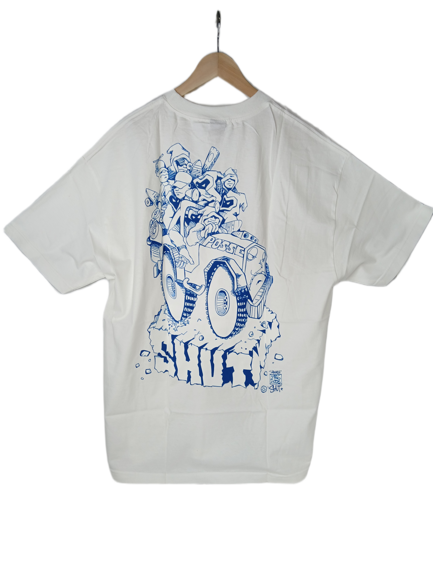 Shut Posse Jeep Back Graphic Chest Print Front Blue White Blue Size XL S/s Vintage Shirt