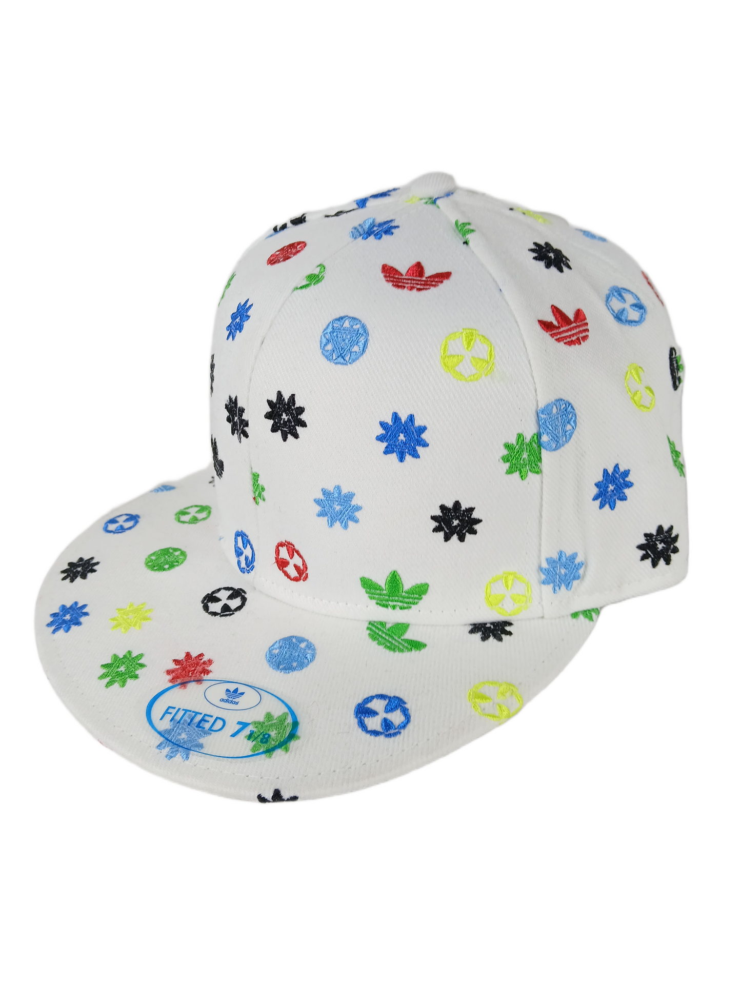 Adidas Logos All Over Print White Multi Size 7 1/8 Vintage Adidas Fitted Hat