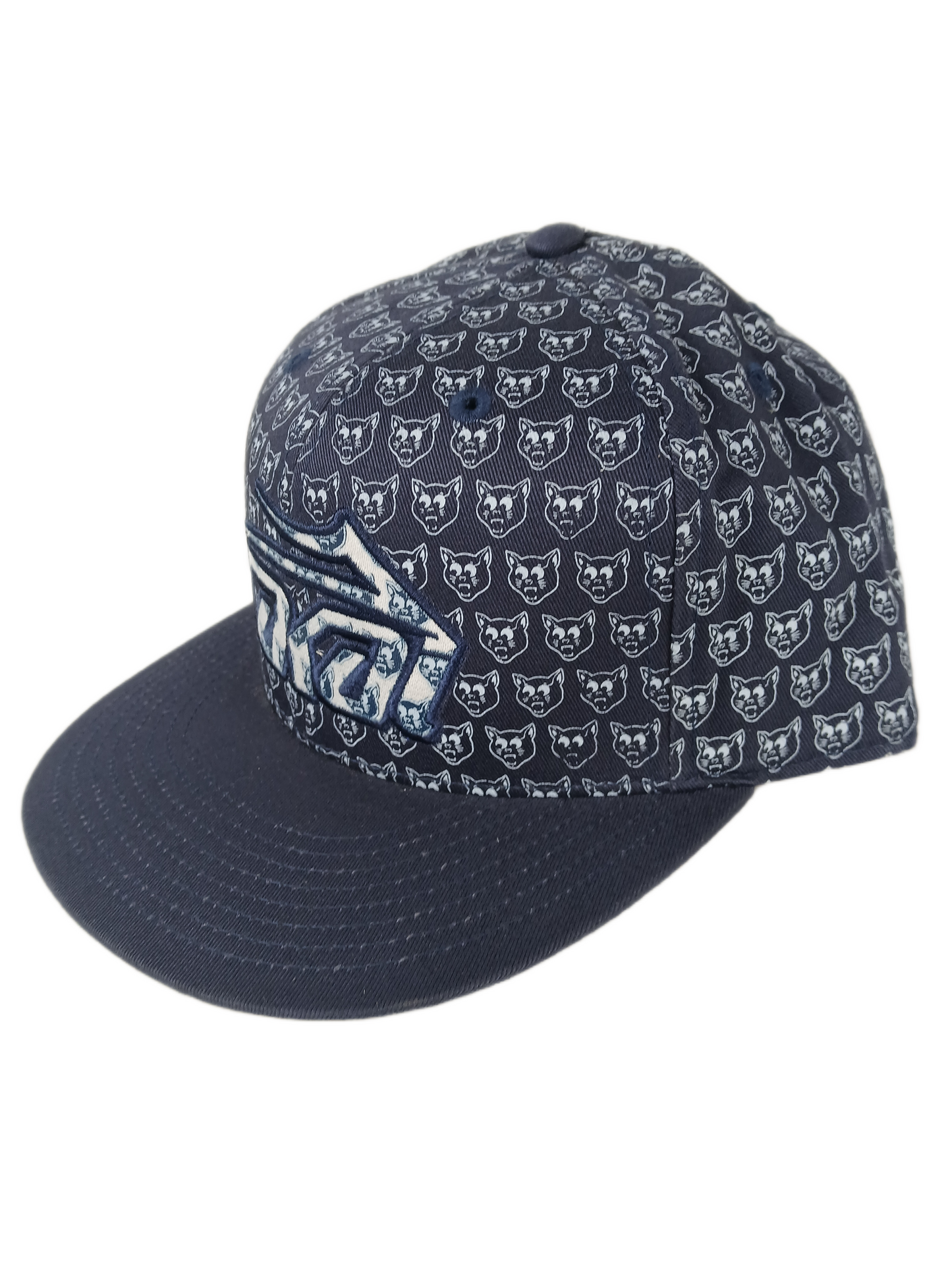 Lakai Rick Howard Black Cat Blue White Navy All Over Print Black Gold White Back Cat Print Size 7 1/4 Vintage Lakai Fitted Sample Hat