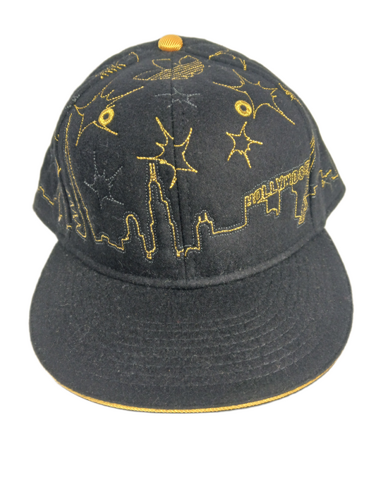 Adidas Hollywood Skyline Felt Black Gold All Over Print Size 7 3/8 Vintage Fitted Hat