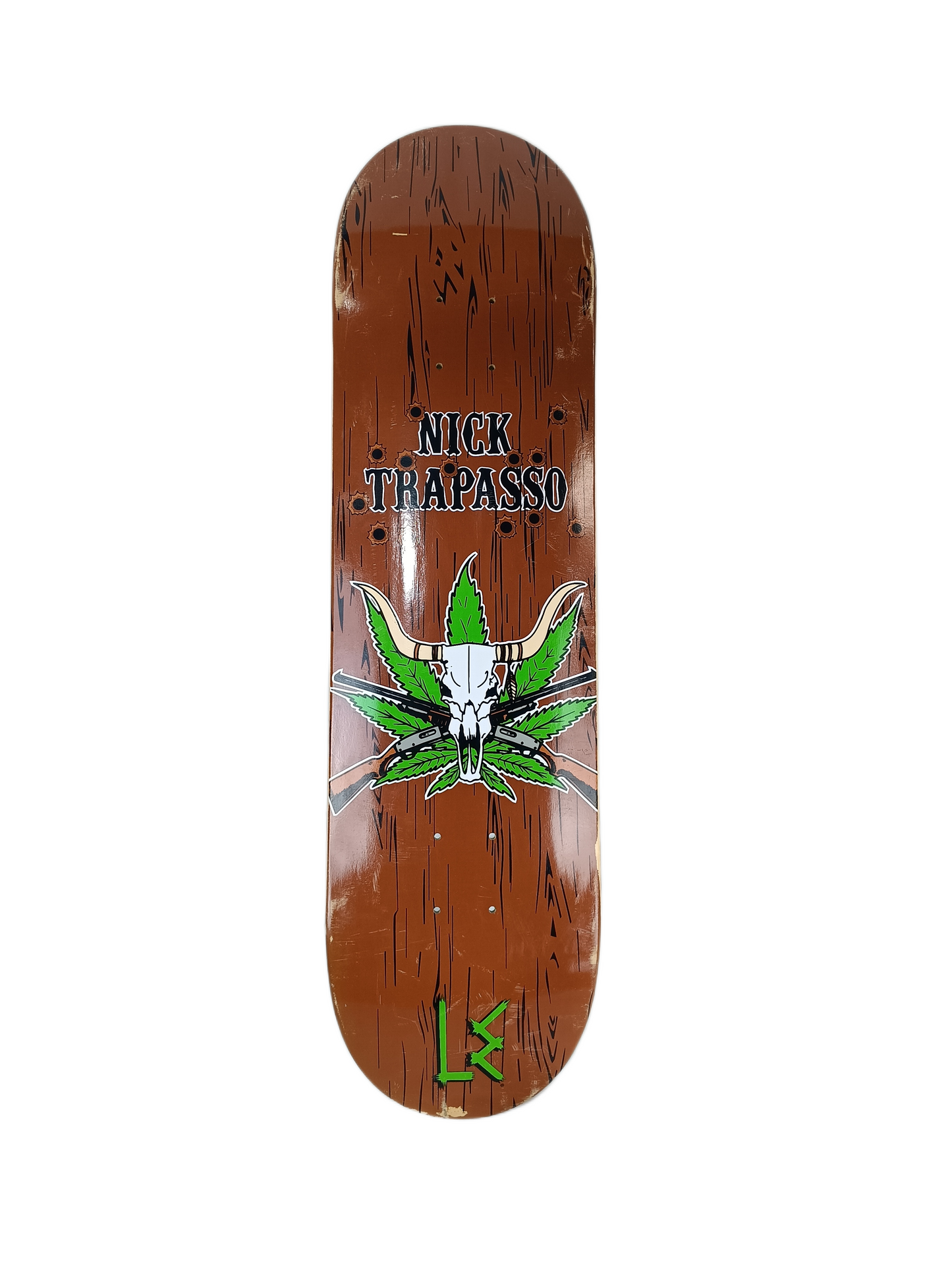 Life Extention Nick Trapasso Shoot Out Brown/Green Size 8.25" Vintage NOS Deck Scuffed Graphic