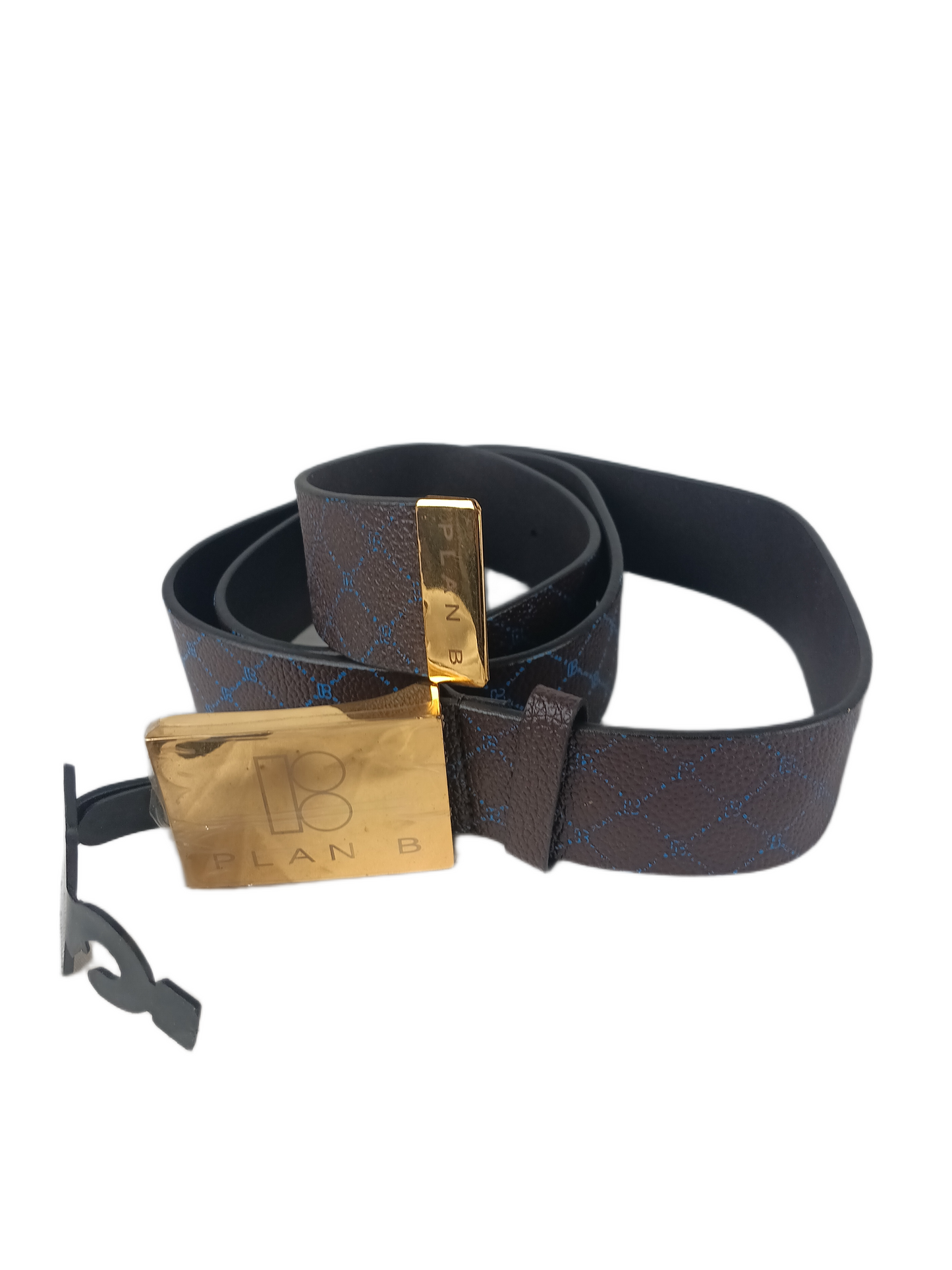 Plan B Brown Leather Blue Print Gold Buckle Size L - XL Vintage Belt