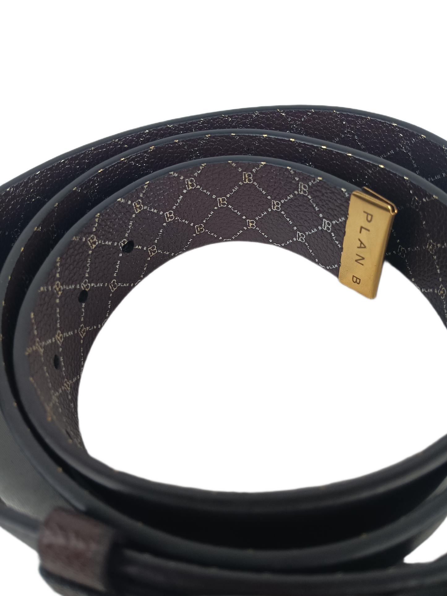 Plan B Brown Leather Silver Print Gold Buckle Size L - XL Vintage Belt