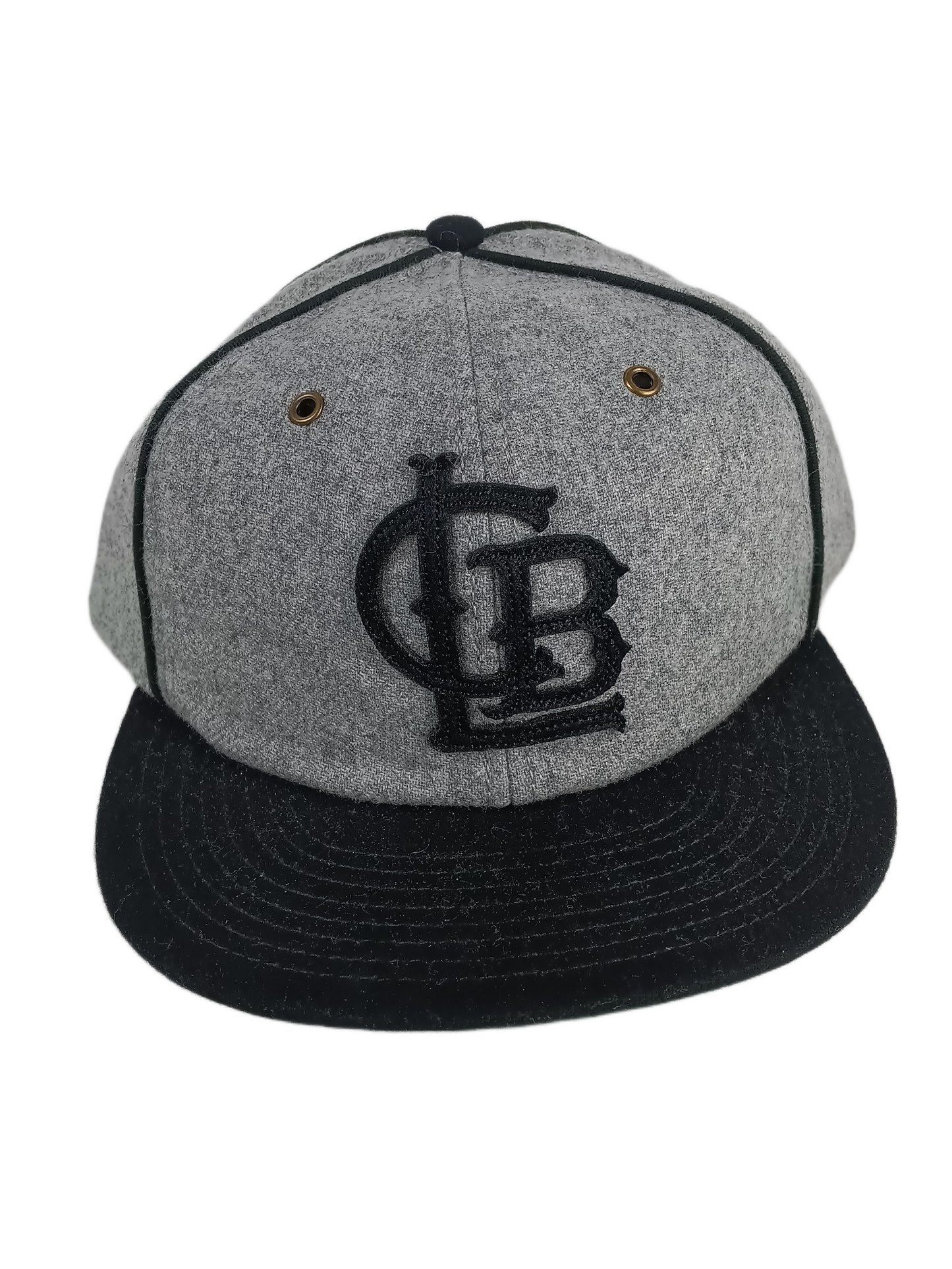 Collab CLB Initials Black Heather Grey Wool Pinstriped One Size Fits All Vintage Leather Brass Buckle Strapback Hat