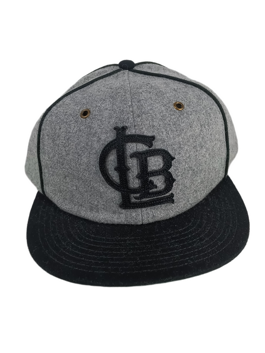Collab CLB Initials Black Heather Grey Wool Pinstriped One Size Fits All Vintage Leather Brass Buckle Strapback Hat