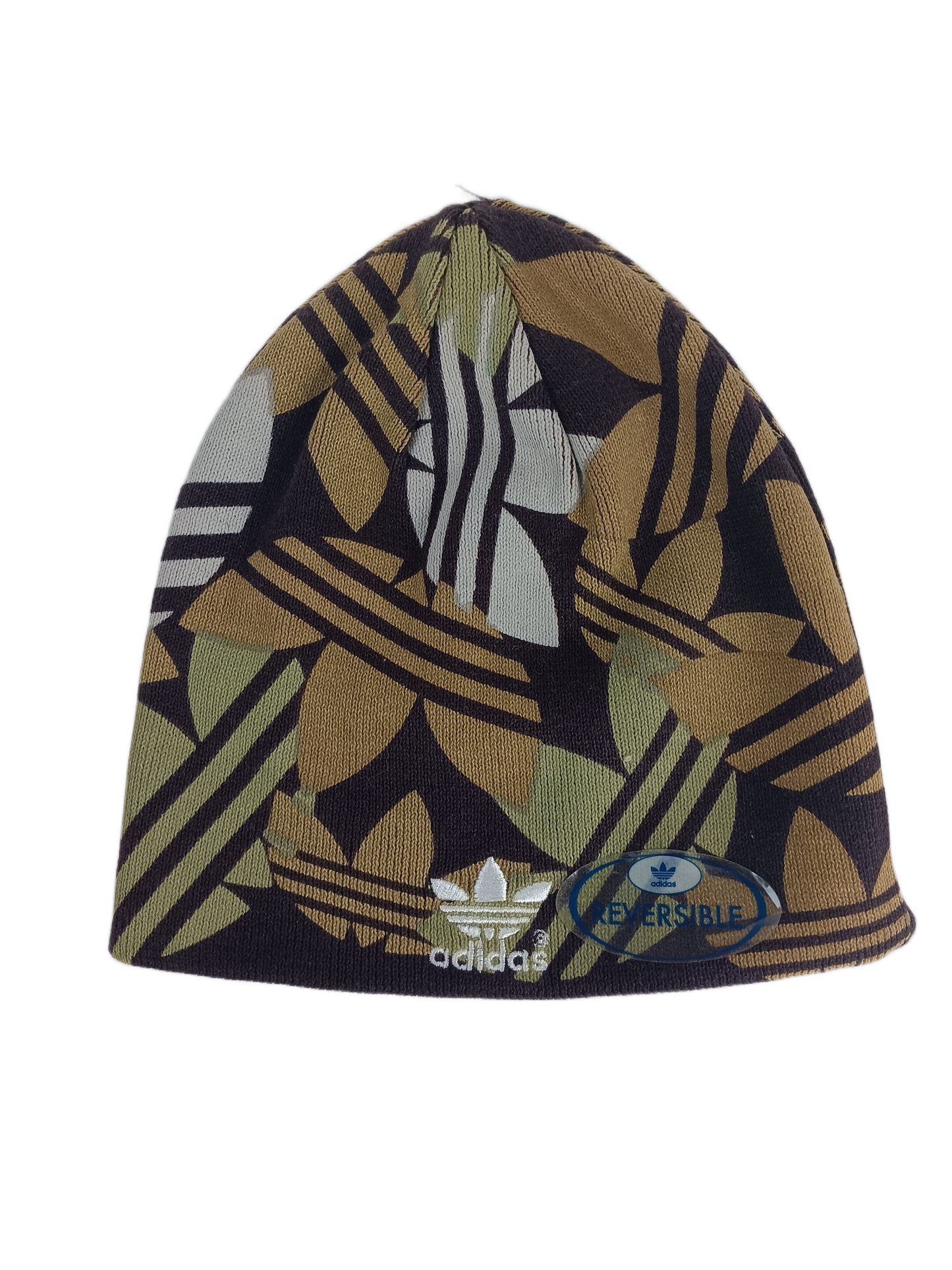 Adidas Leaves Logo All Over Print Olive Brown Silver One Size Fits All Vintage Reversible Beanie