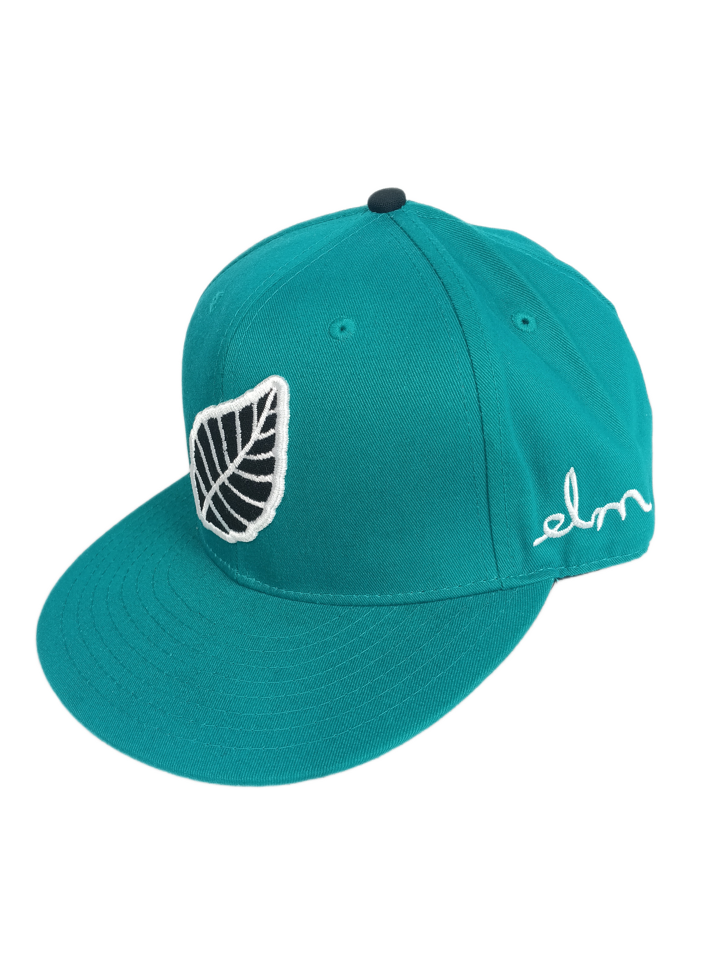 Elm Large Thick Leaf Logo Black White Turquoise Elm Side Logo Size 7 3/8 Vintage Fitted Hat