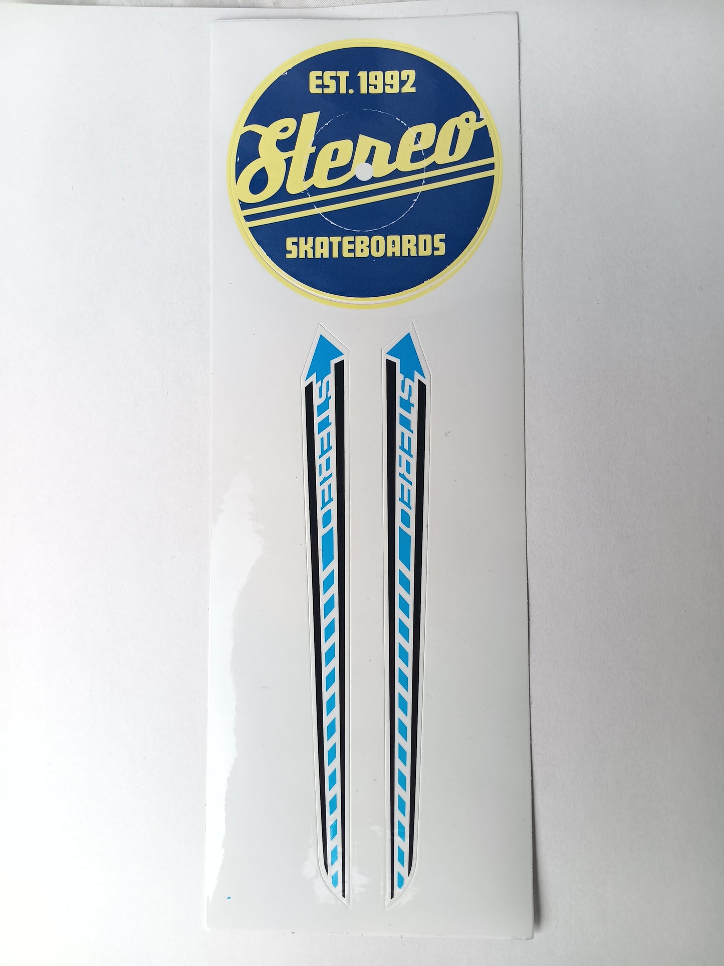 Stereo EST. 1992 Stereo Skateboards & Stereo Arrow Dots Blue White Yellow Black 10.5" X 3.5 Vintage Sticker Sheet