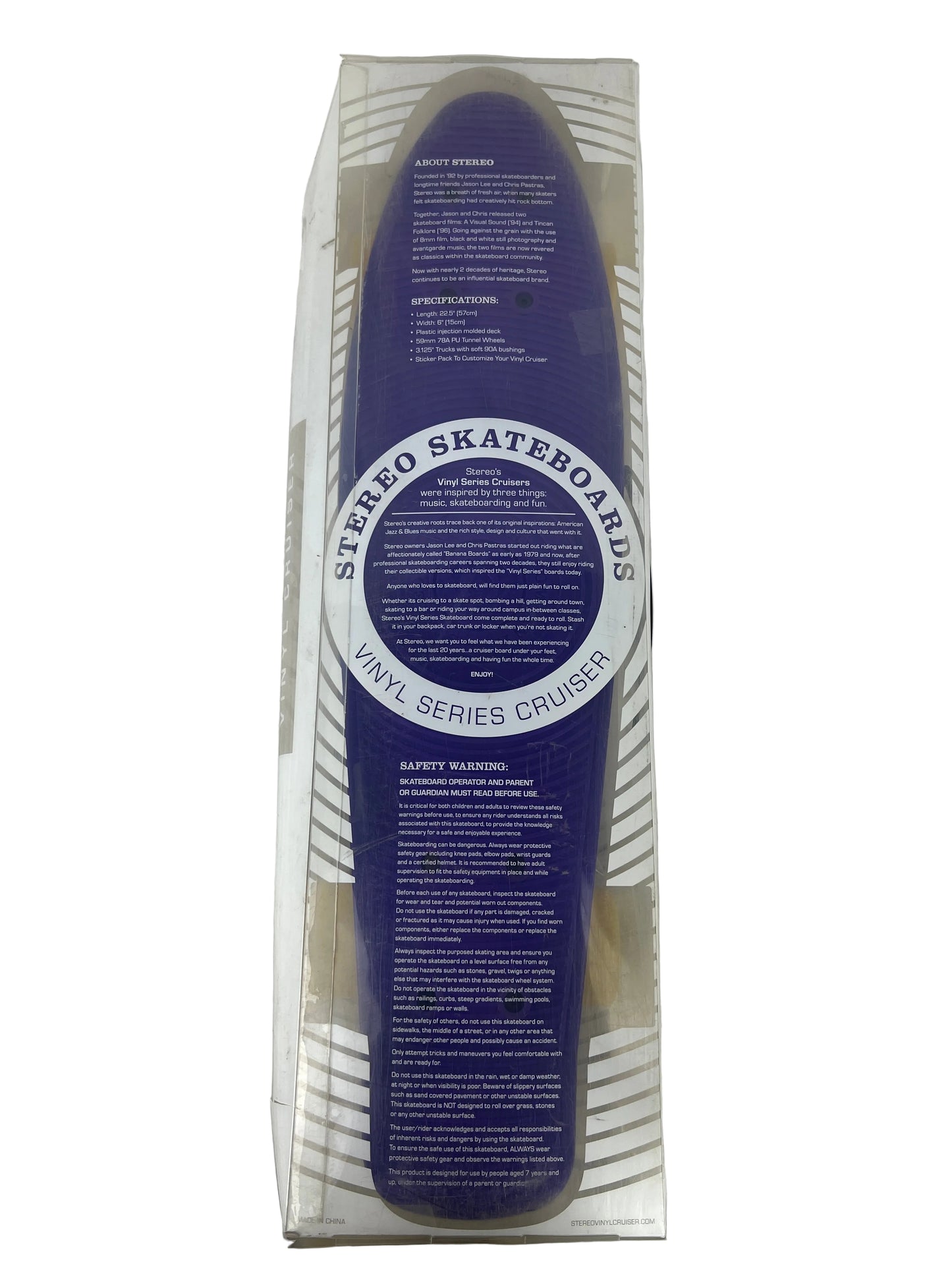 Stereo Skateboards Vinyl Cruiser Series Purple Size 22.5 X 6" Vintage Vinyl Cruiser Complete In Original Case With Sunglasses & Sticker Pack
