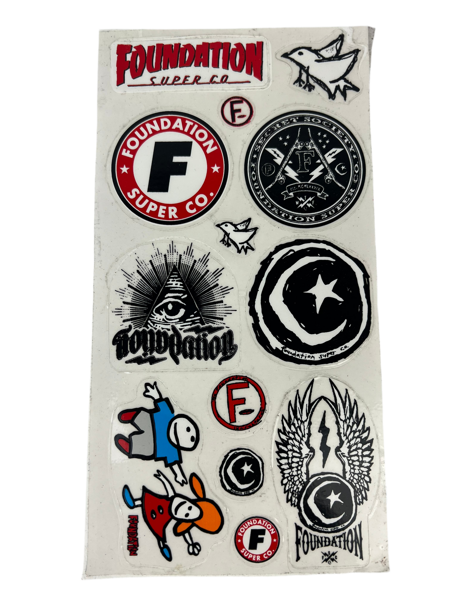 Foundation Super Co. 13 Stickers Clear Black Red Multi 10 X 5.25" Vintage NOS Sticker Sheet