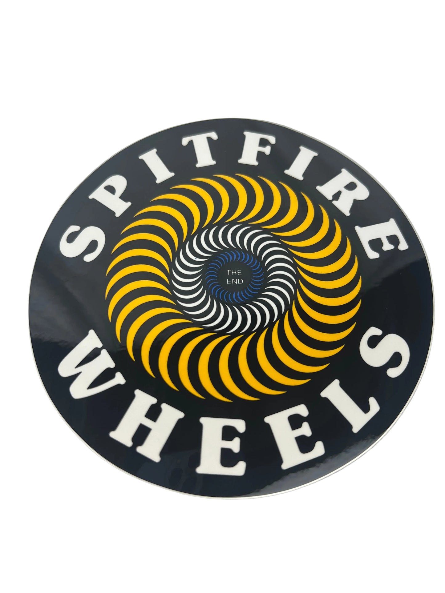 Spitfire THE END Spiral Black White Yellow Blue 6" X 6" Vintage NOS Sticker