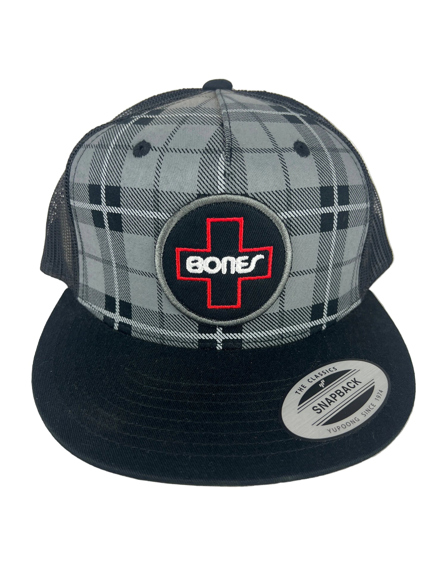Bones Bones Swiss Logo Black White Red Plaid One Size Fits All Vintage Snapback Mesh Trucker Hat