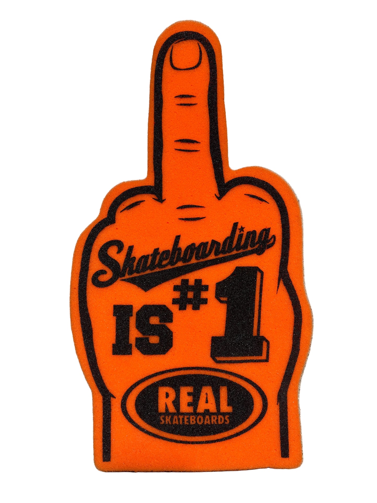 Real Skateboarding is #1 Real Skateboards Middle Finger Orange Black 18.2 X 9.6" Vintage Foam Middle Finger