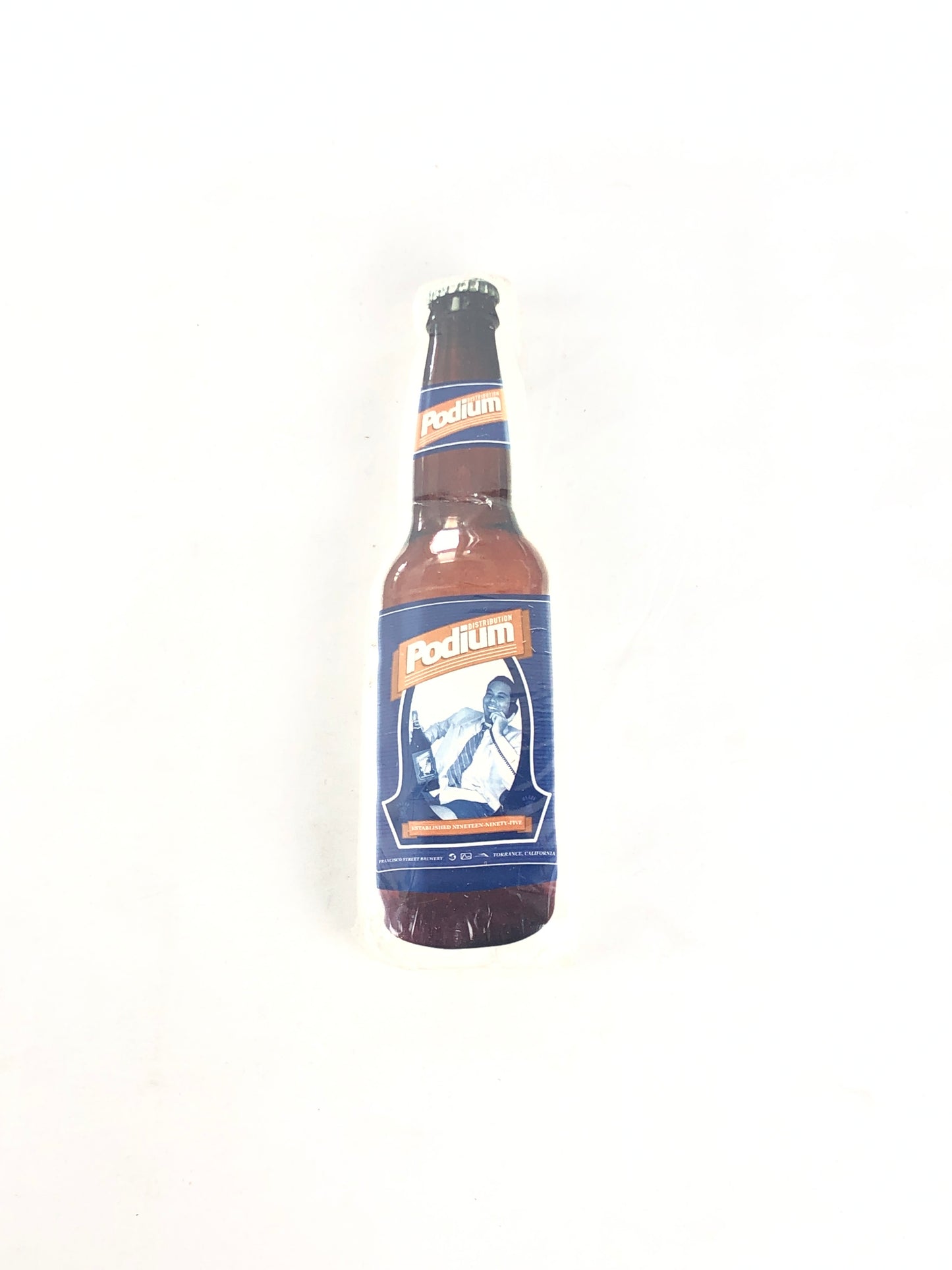 Podium Distribution Podium Beer White Brown Blue Bottle Shaped Shrink Wrap Size Small T-Shirt