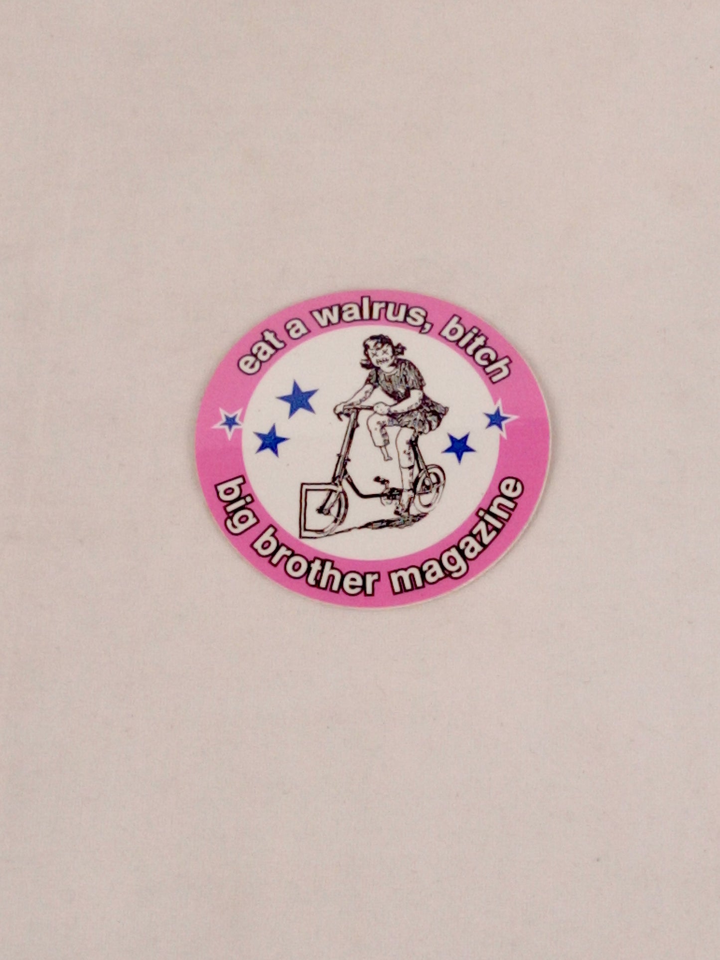 Big Brother Magazine Eat A Walrus Bike Pink White Blue 2.5" x 2.5" Vintage NOS Circle Sticker