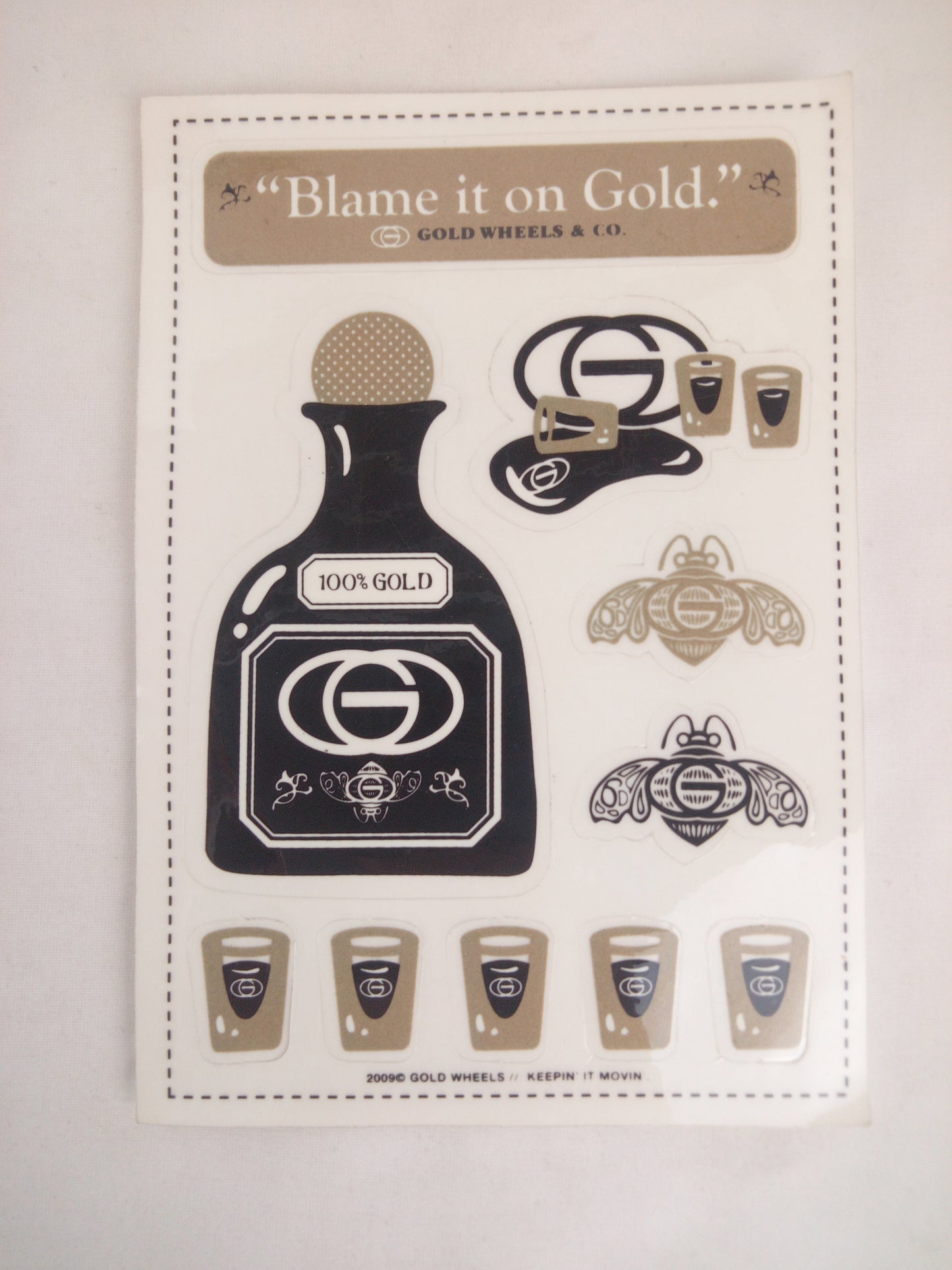 Gold Wheels Blame it on Gold 100% Gold Clear Black Gold 6.5" x 4.5" Vintage NOS Sticker Sheet of 10
