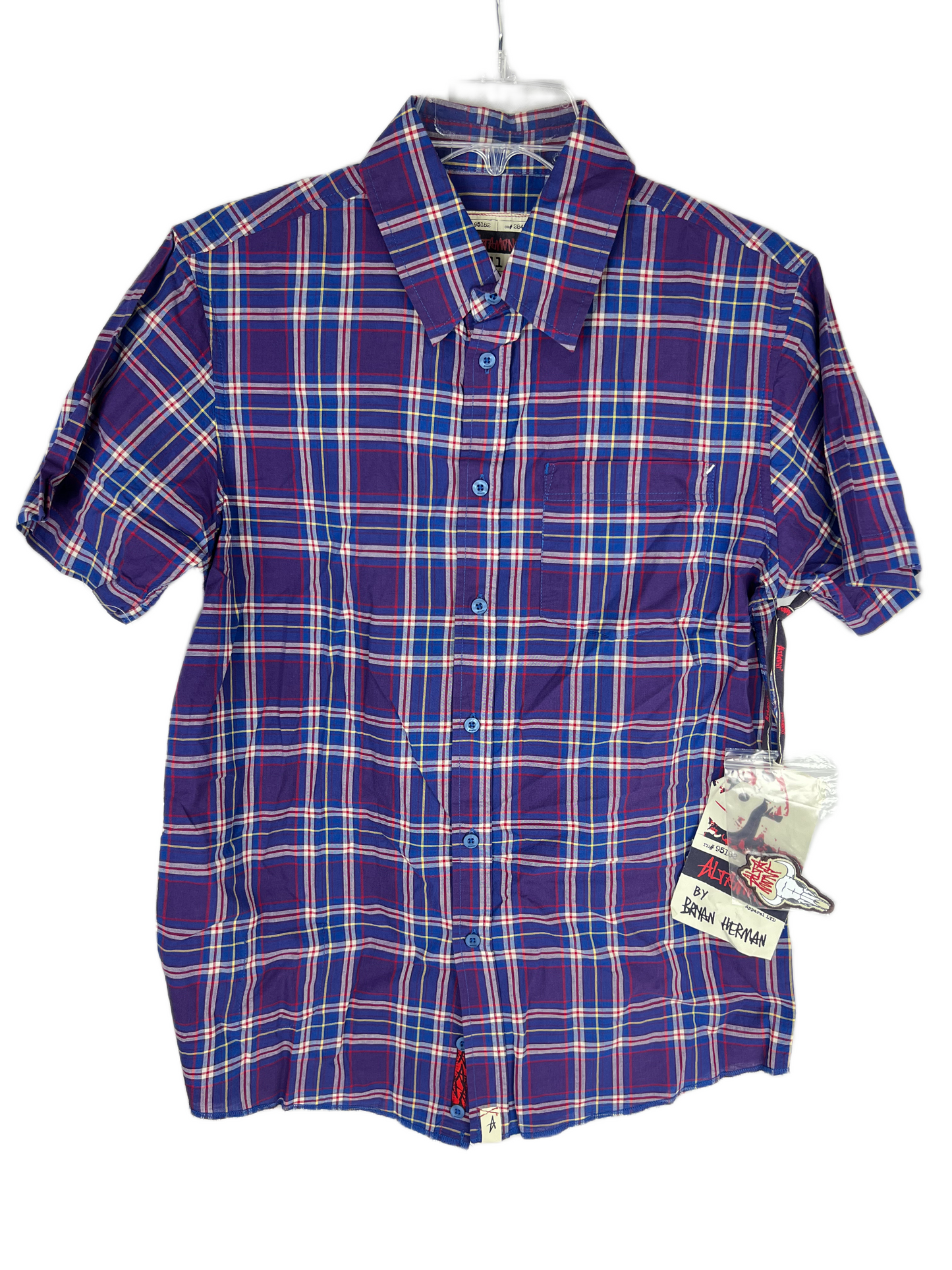 Altamont By Bryan Herman Purple Red Blue Plaid Size S S/s Vintage Button Up Woven Pocket Shirt With Rare Collectible Bryan Herman Cow Skull Patch