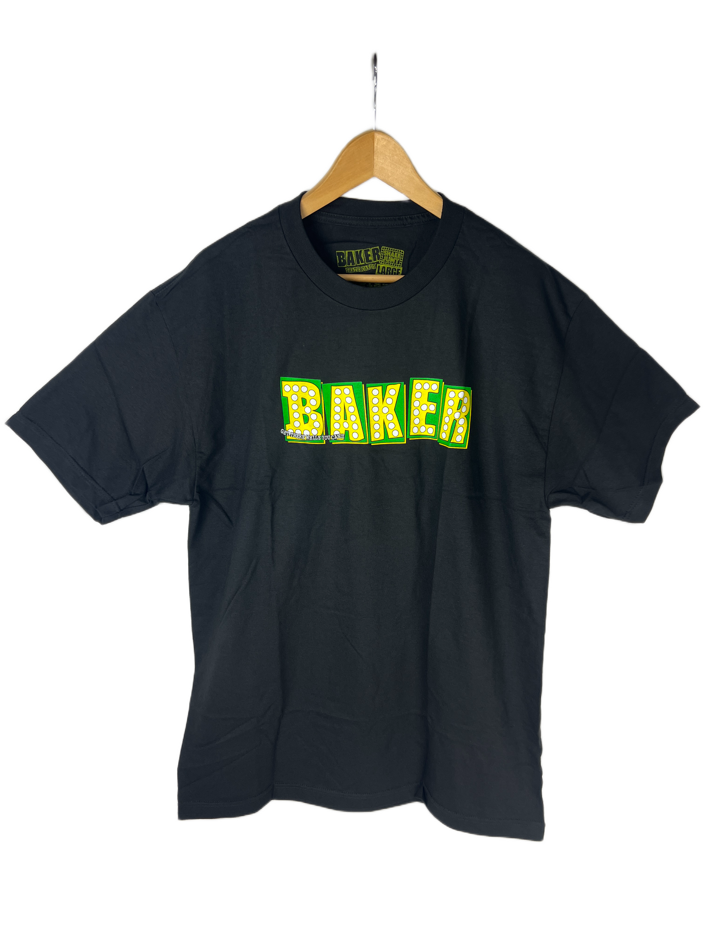 Baker X Shake Junt Get There While You Can!!! Black Green Yellow Size L S/s Vintage Shirt