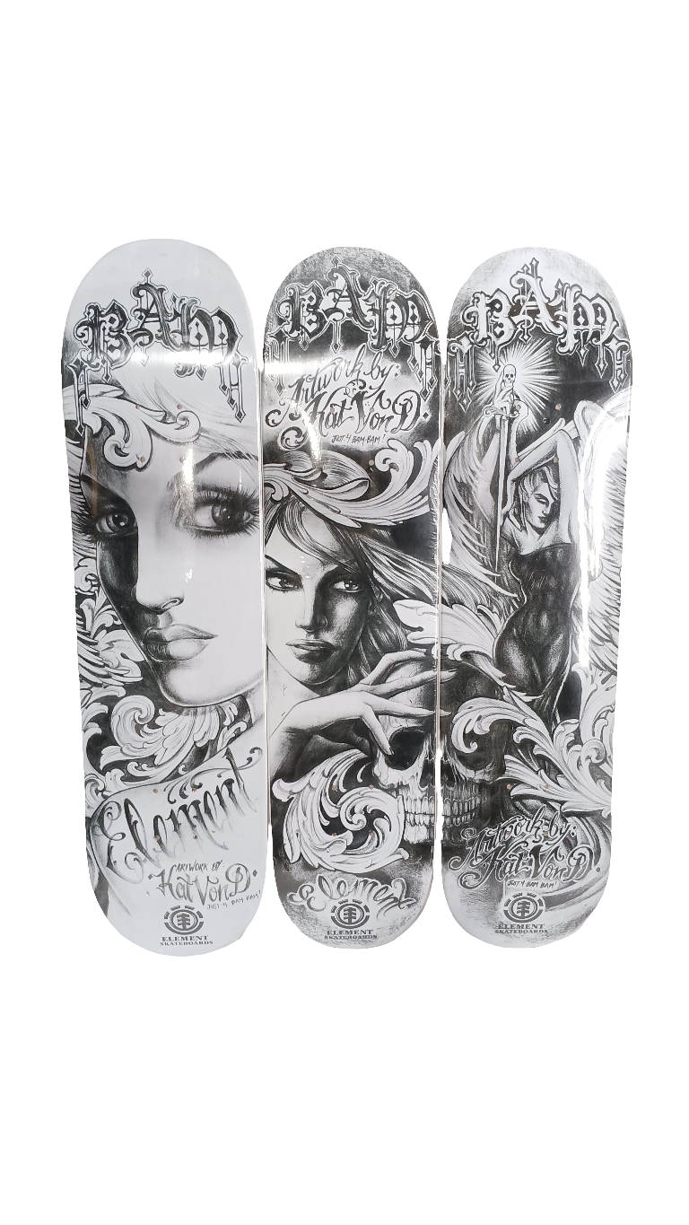 Element Bam Margera Kat Von D 3 Board Collection Black White Sizes 7.75 7.50 8.0 Vintage NOS Deck Collection