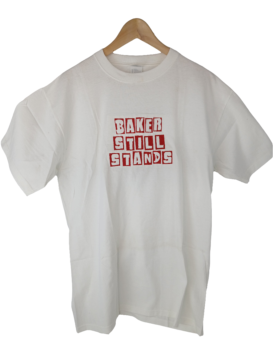 Baker Still Stands White with Red embroider Large T-shirt