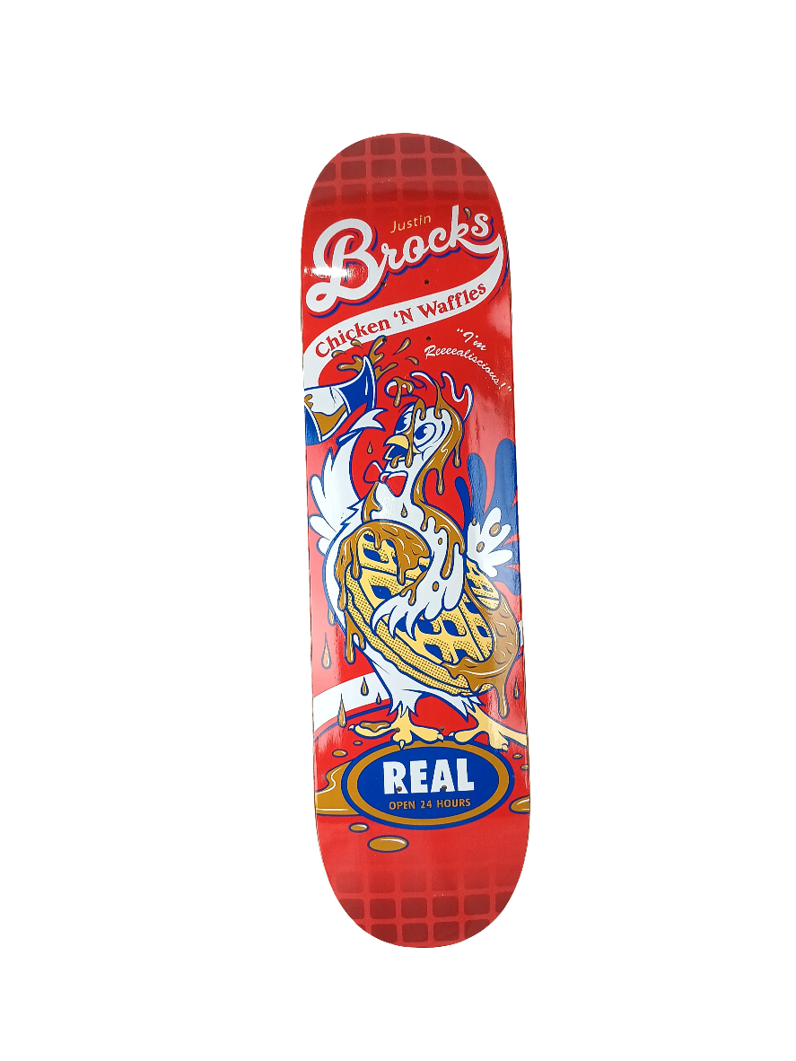 Real Justin Brock Chicken Waffles Red White Blue Vintage NOS Deck Size 8.0" Vintage NOS Deck