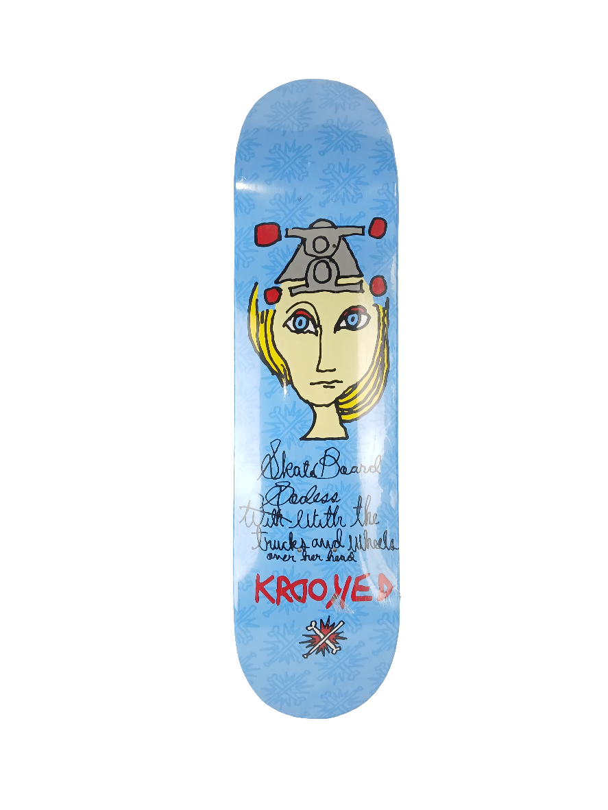 Krooked Mark Gonzales Skateboard Goddess With the Trucks And Wheels Over Her Head Blue Multi Size 7.75" Vintage NOS Deck