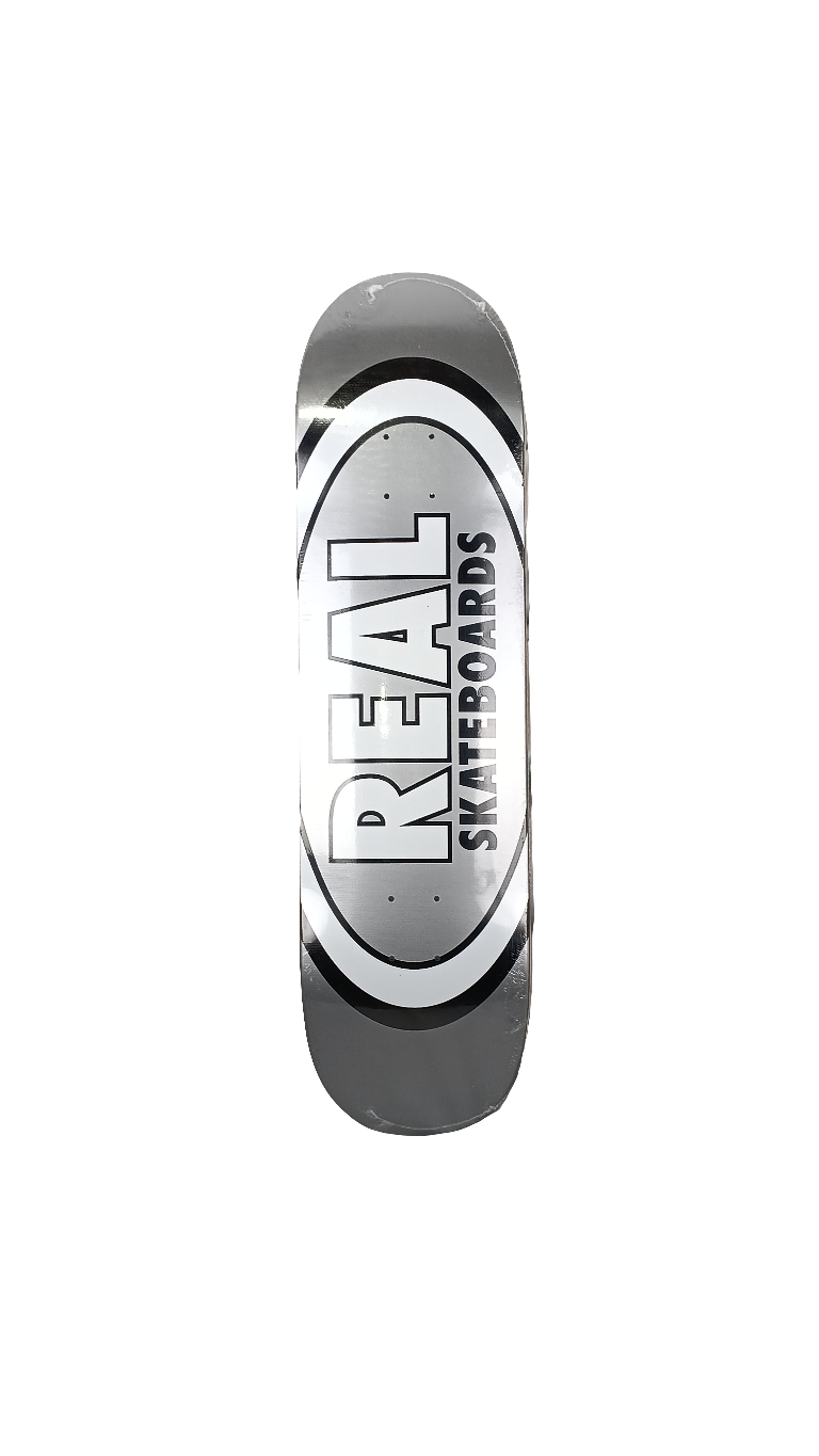 Real Oval Team Graphic Silver Black White Size 8.38 Skateboard Deck
