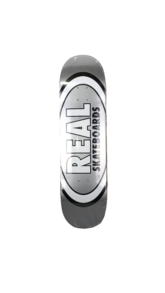 Real Oval Team Graphic Silver Black White Size 8.38 Skateboard Deck