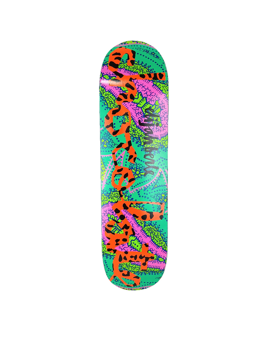 Chocolate Elijah Berle Abstract Cheetah Print Orange Pink Green Size 8.5" X 32.25 G022 Shape Vintage NOS Deck