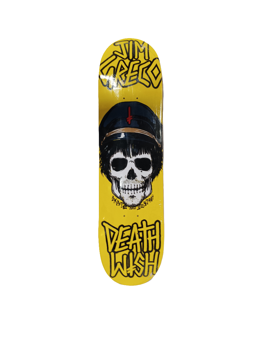 Deathwish Jim Greco Skate and Destroy Skull Graphic Yellow Black Size 8 Skateboard Deck