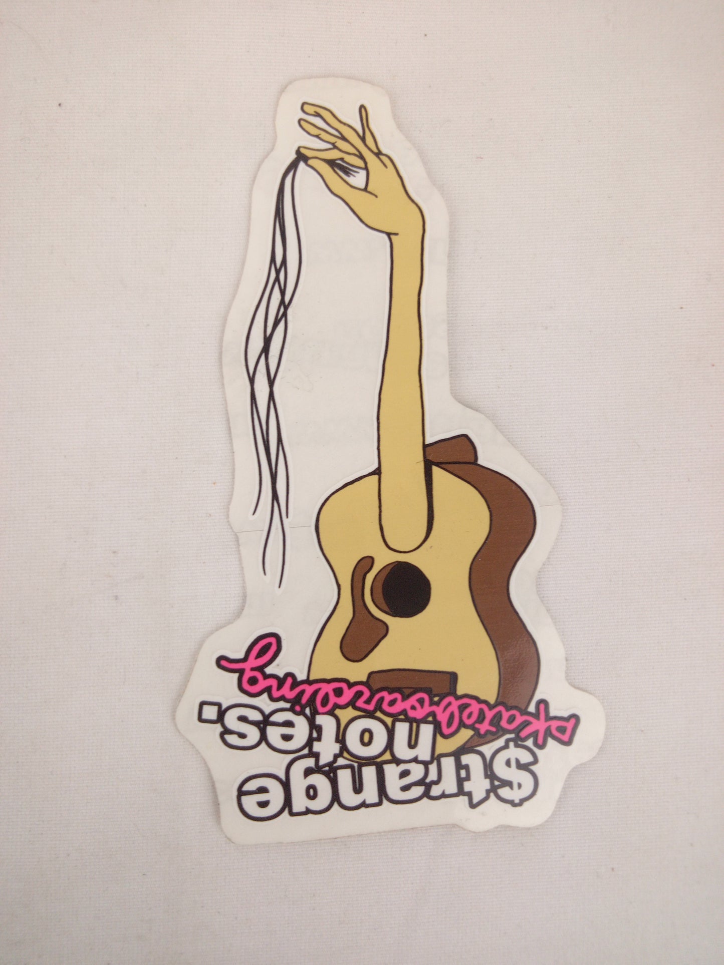 Strange Notes Guitar Arm Clear Pink Brown 4" x 2.25" Vintage NOS Sticker