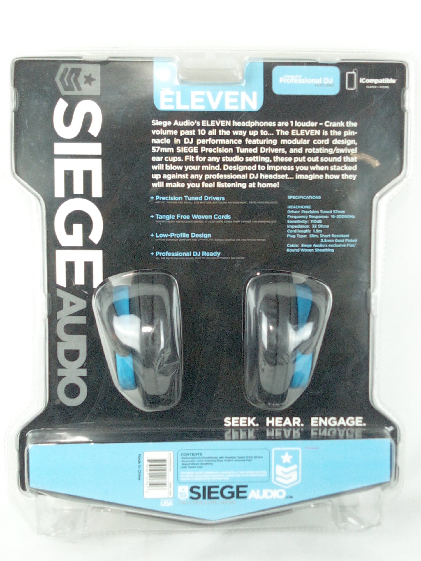 Siege Audio The Eleven Blue Black Stereo Headphones