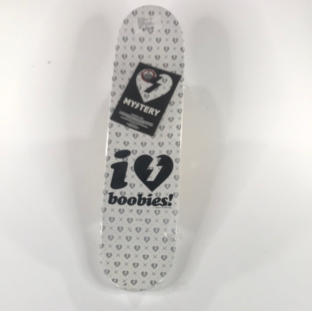 Mystery I Heart Boobies White/Black 7.75 Skateboard Deck
