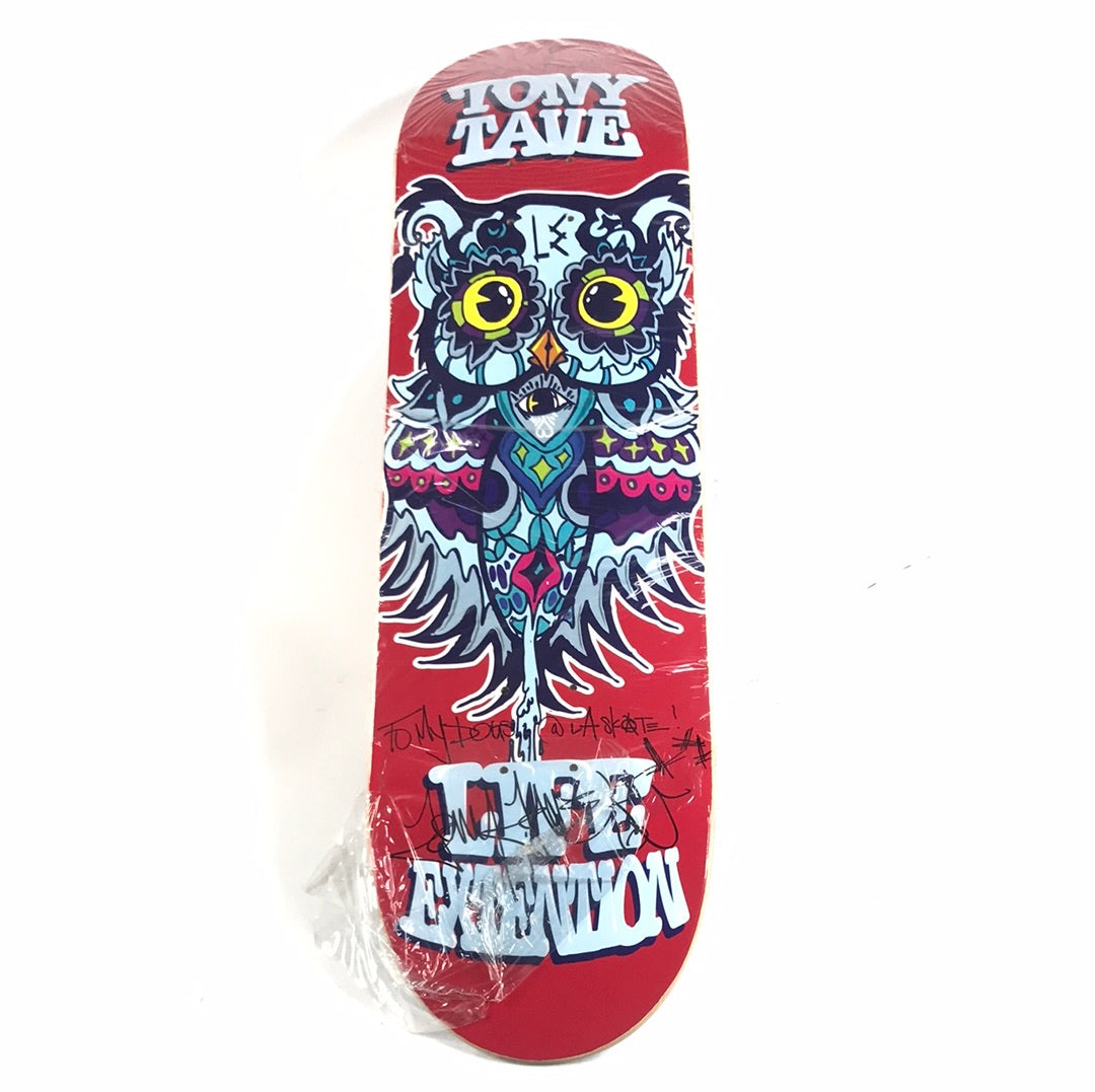 Life Extension Tony Tave Signed Trippy Owl Red Skateboard Deck
