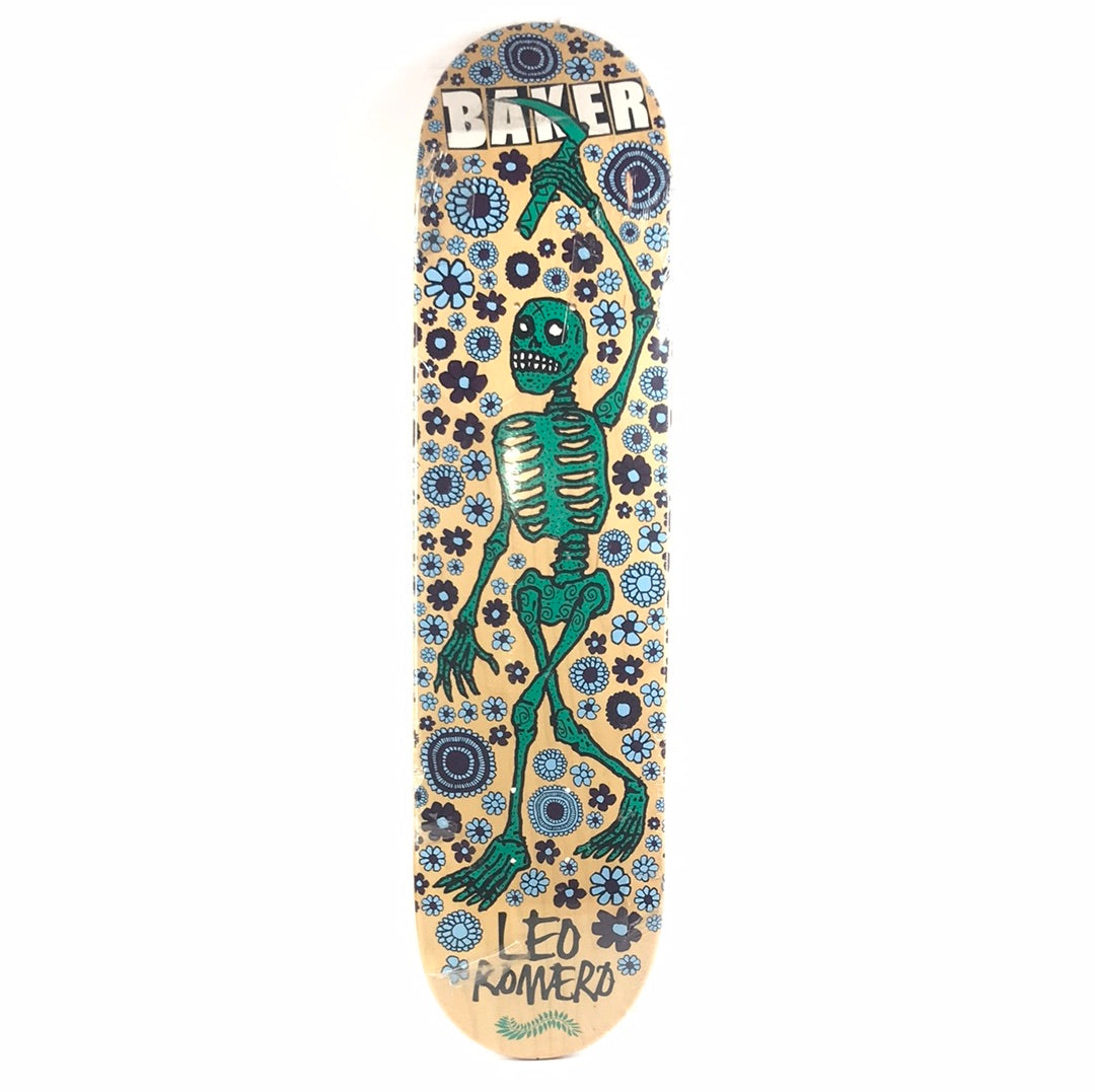 Baker Leo Romero Flower Skeleton Woodgrain/Green 7.625" Dec – western-skate-co