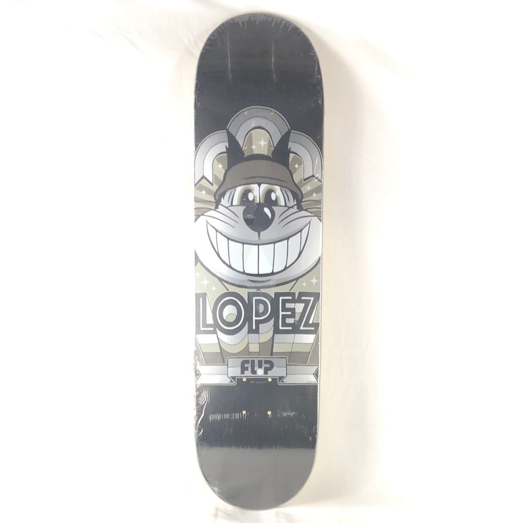 Flip Louie Lopez Cat Smiling graphic Black/White/Silver Size 8.25 Skateboard Deck