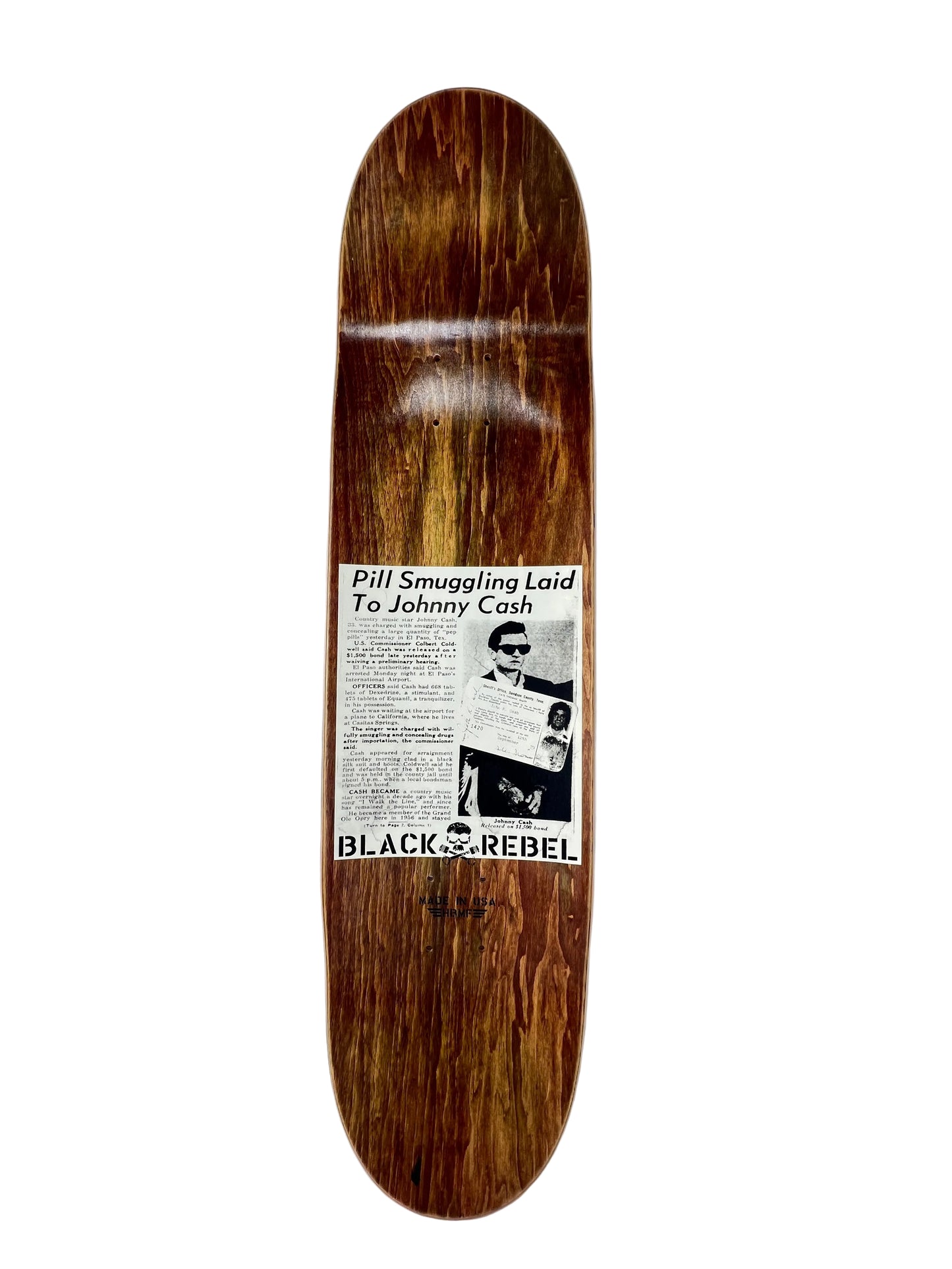 Black Rebel Skateboard Club Mugshot Series Johnny Cash El Paso TX 1965 Black Multi Size 8.25" Vintage NOS Deck