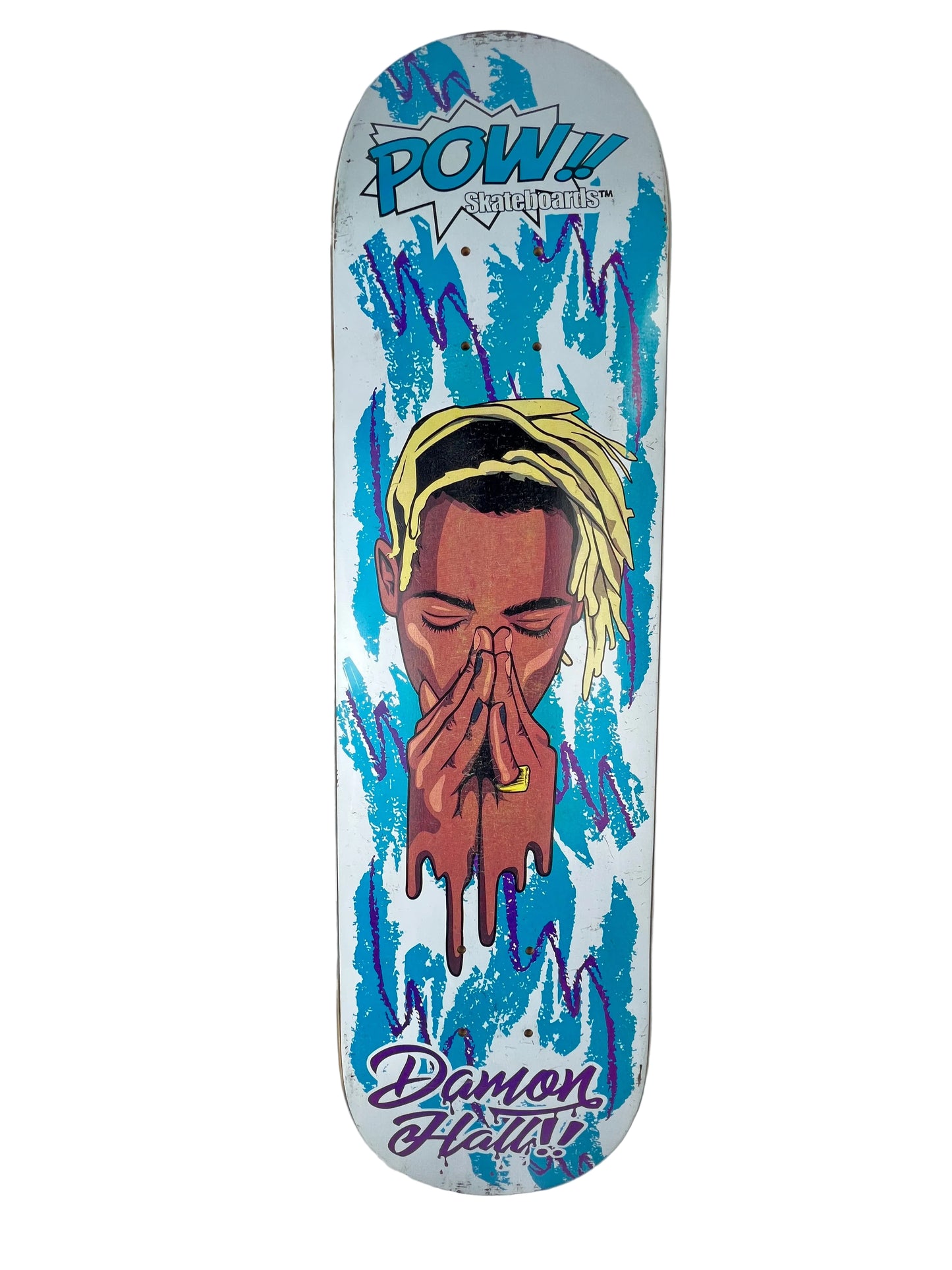 Pow!! Damon Hall Prayer White Turquoise Size 7.9" Vintage NOS Deck 2010