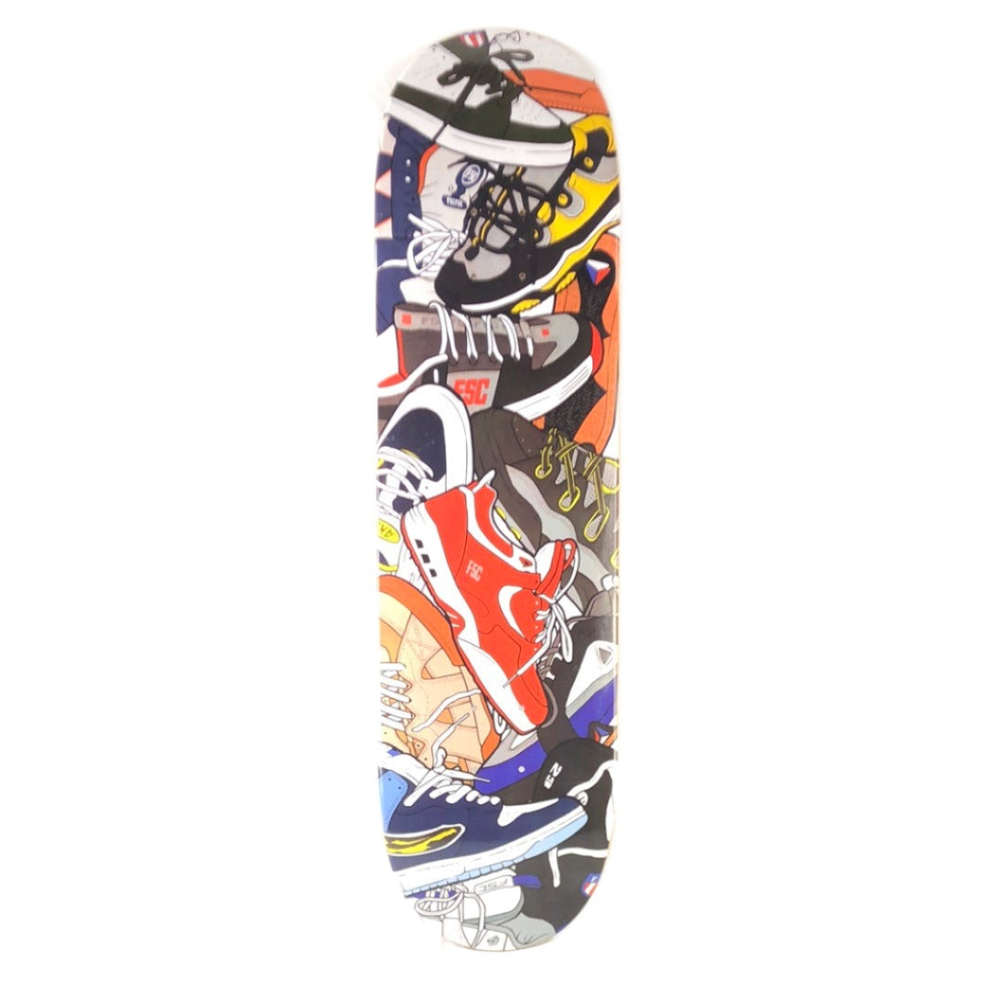 FSC Pile of Shoes Graphic White/Black/Red/Blue/Multi Color Size 8.38 Skateboard Deck