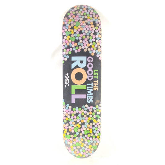 Think  "Let The Good Times Roll' Black Multi Color Size 7.75" Skateboard Deck