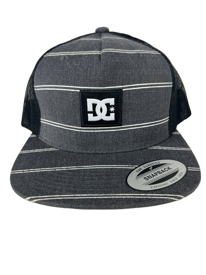 DC DC Logo Patch Grey White Stripes Black One Size Fits all Vintage Snapback Mesh Trucker Hat