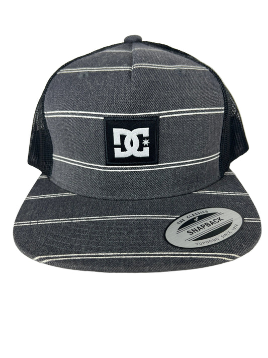 DC DC Logo Patch Grey White Stripes Black One Size Fits all Vintage Snapback Mesh Trucker Hat