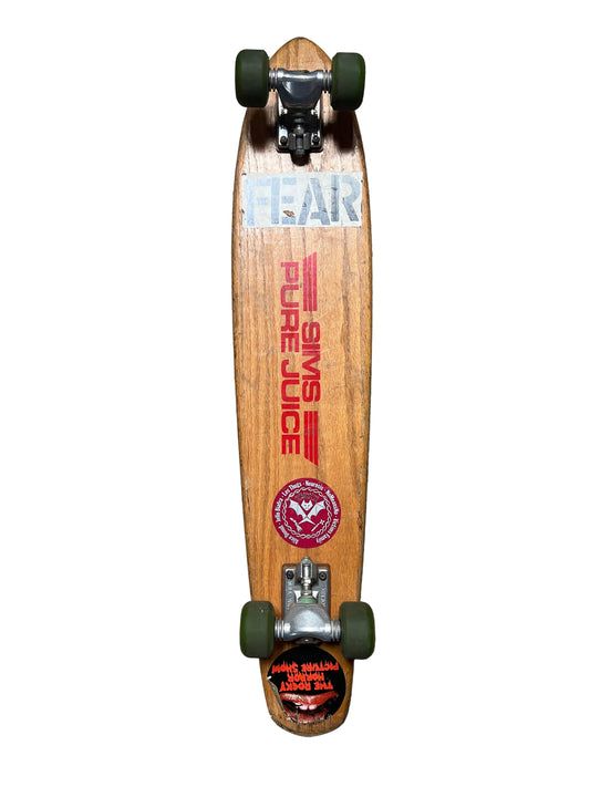 SIMS PURE JUICE Size 7.25" X 36" Woodgrain Red Vintage Original Skateboard With Juice Aerobix Wheels And Gullwing HPG IV Split Axle Vtg Gold Skateboard Trucks 6” W Gullwing Guards