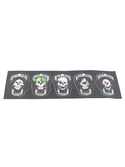Shorty's Skateboards Team Fabrizio Santos Brandon Turner Chad Muska Steve Olson Anthony Mosely Skulls Black White 12" x 4" Vintage NOS Sticker Sheet of 5