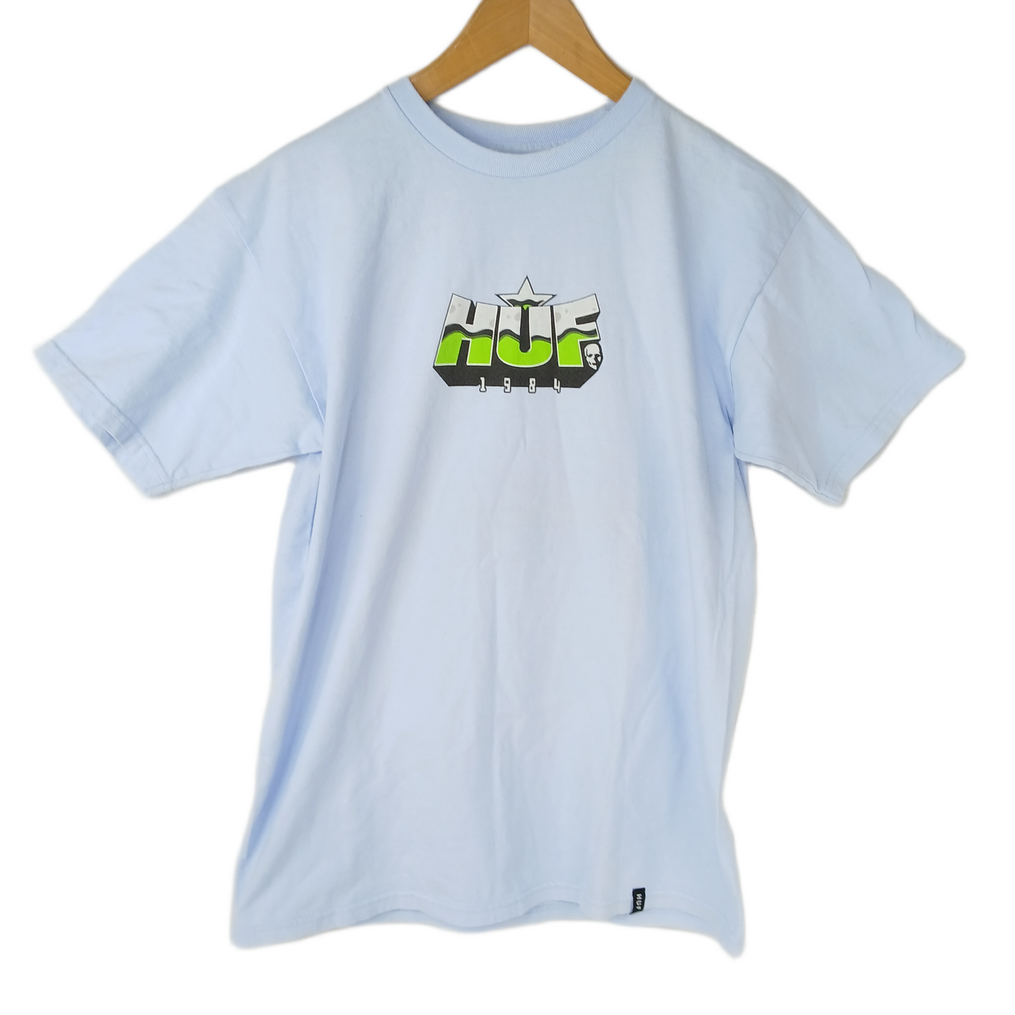 HUF 1984 Skull Logo Baby Blue Green Silver Size Medium S/s Vintage Shirt
