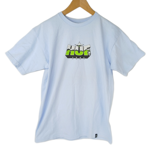 HUF 1984 Skull Logo Baby Blue Green Silver Size Medium S/s Vintage Shirt