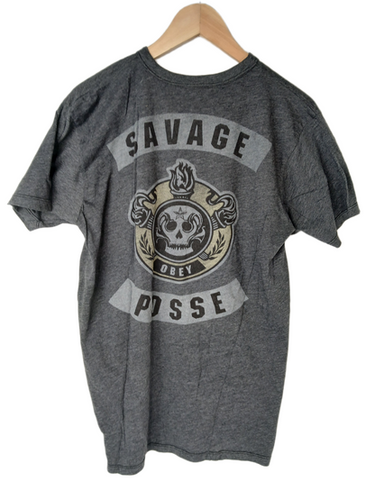 Obey Savage Posse Skull & Shield Graphic Charcoal Grey Olive Size L S/s Vintage Shirt